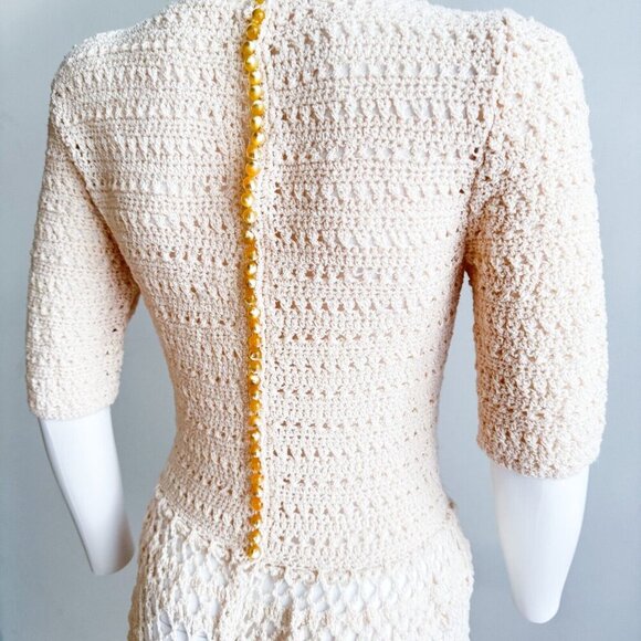 Vintage Crochet open Knit Ivory Cream Maxi Dress w Back Button Closure S - Picture 9 of 12